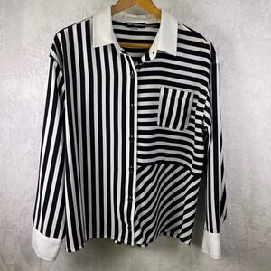 Karl Lagerfeld Paris Striped Button Down Shirt Blouse Top Large